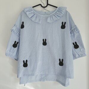 Imakokoni blue striped round neck sleeve T-shirt w/ bunny, Japan oversize style